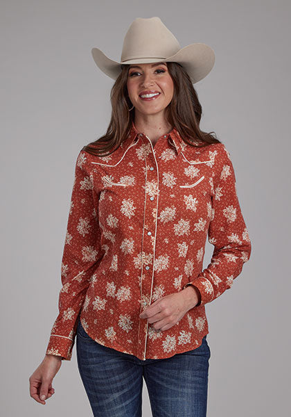 WOMENS L/S SHIRT SNAP RETRO PIPED FANCY YOKE ORANGE & CREAM FLORAL PRINT ROPER