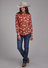 WOMENS L/S SHIRT SNAP RETRO PIPED FANCY YOKE ORANGE & CREAM FLORAL PRINT ROPER
