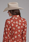 WOMENS L/S SHIRT SNAP RETRO PIPED FANCY YOKE ORANGE & CREAM FLORAL PRINT ROPER