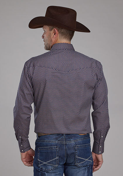 Mens long sleeve snap Roper blue with small red diamonds
