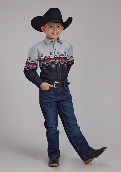 Boys Long Sleeve Ombre Aztec Snap shirt Roper