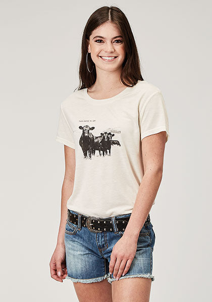 WOMENS NOVELTY/APPLIQUE/EMBROIDERY PRINTED KNIT CREAM P/R SS TEE