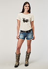 WOMENS   NOVELTY/APPLIQUE/EMBROIDERY PRINTED KNIT CREAM P/R SS TEE
