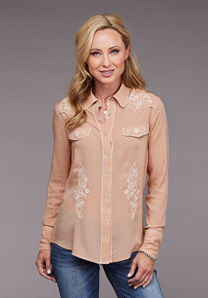Womens Stetson long sleeve embroidered snap peach shirt