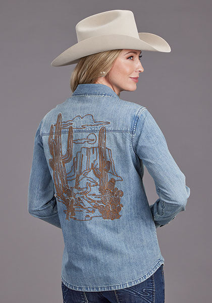 MED BLUE DENIM BOYFRIEND FIT BLOUSE STETSON
