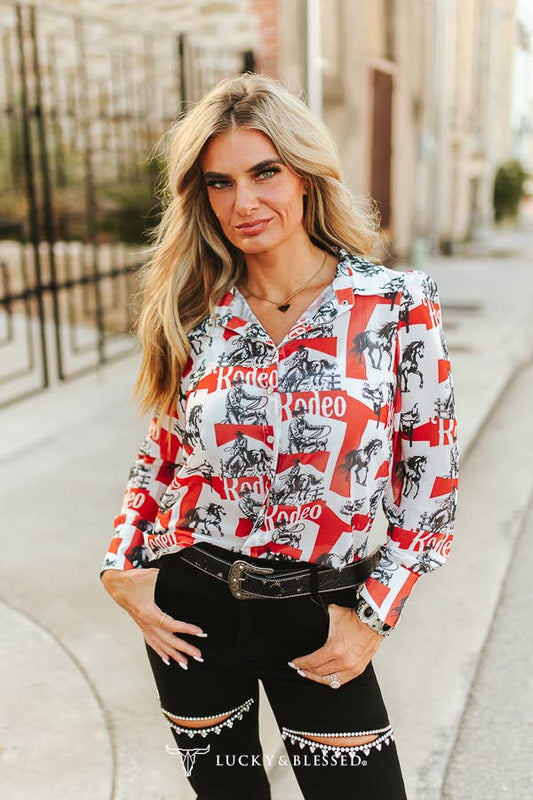 Rodeo Chiffon Button Down Pearl Snap Collared Shirt
