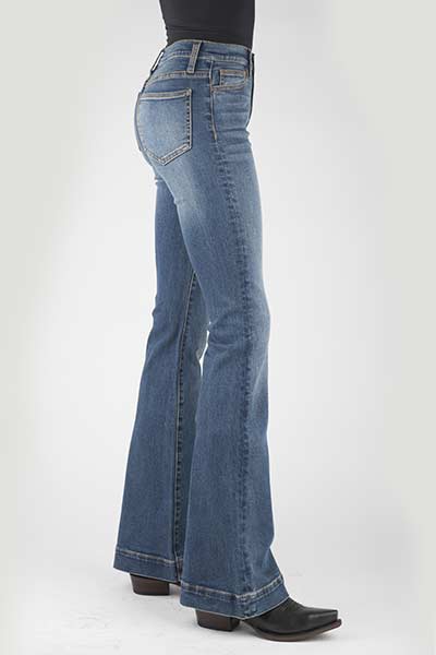 WOMENS JEAN HIGH RISE FLARE FIT PLAIN BACK PKT LIGHT WASH OWS