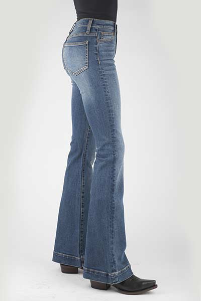WOMENS JEAN  HIGH RISE FLARE FIT PLAIN BACK PKT LIGHT WASH OWS