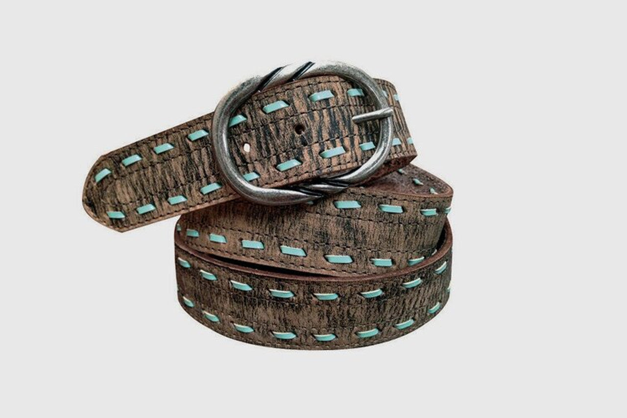 Woman's Teal and Brown Buck-stitch Belt