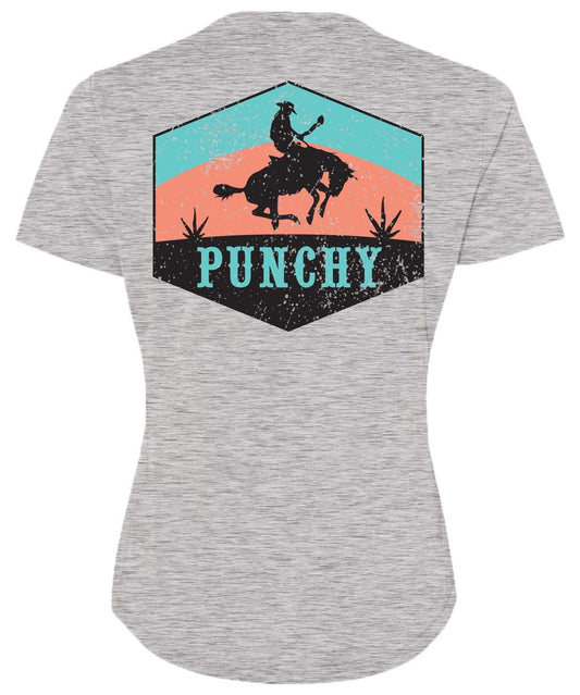 WOMANS T SHIRT GRAY WITH TEAL AND ORANGE LOGO ON THE BACK