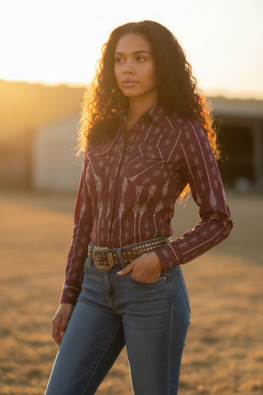 WOMEN'S L/S BURGENDY SNAP SHIRT