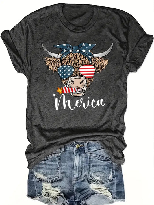 WOMENS SOFT BLEND CASUAL CREW NECK PATRIOTIC HIGHLAND COW