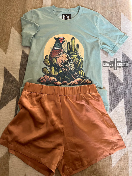 light blue T-shrt with Pheasant screen print rowdy womens top