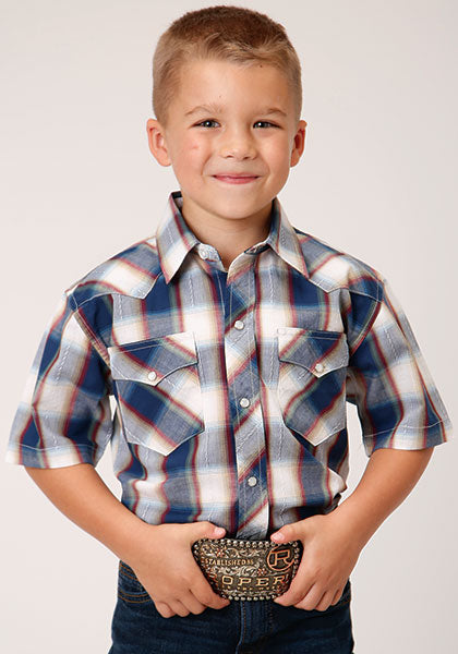 BOYS SHIRT PERFORMANCE SNAP PLAID INDIGO DOBBY