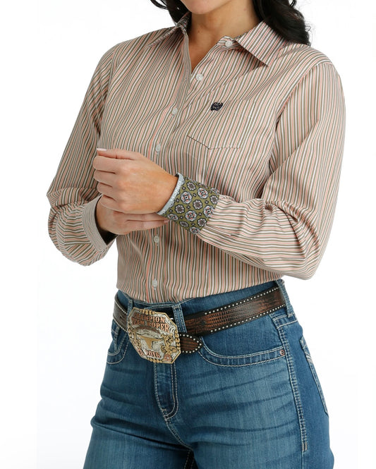 LONG SLEEVE ORANGE/BLUE STRIPED BUTTON SHIRT Cinch Womens Top