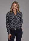 WOMENS L/S SHIRT PRINTED RELATED SEPERATE BLACK/CREAM IKAT PRT RAYON