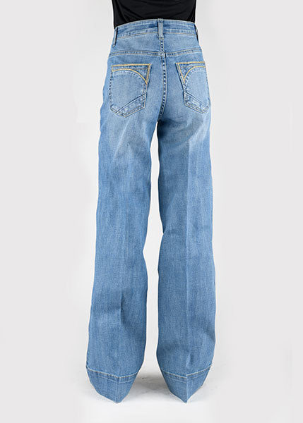 WOMENS JEAN HIGH RISE WIDE LEG FIT DIAGONAL PIECED BACK PKT MED WASH
