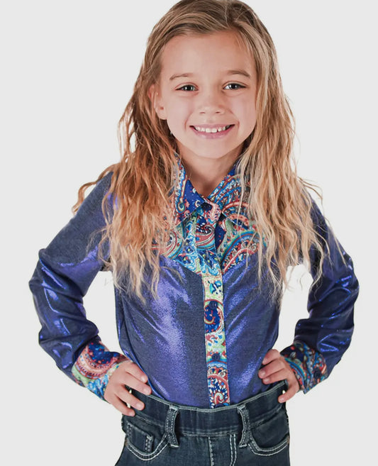 Girls blue metallic pullover button up with Paisley accents