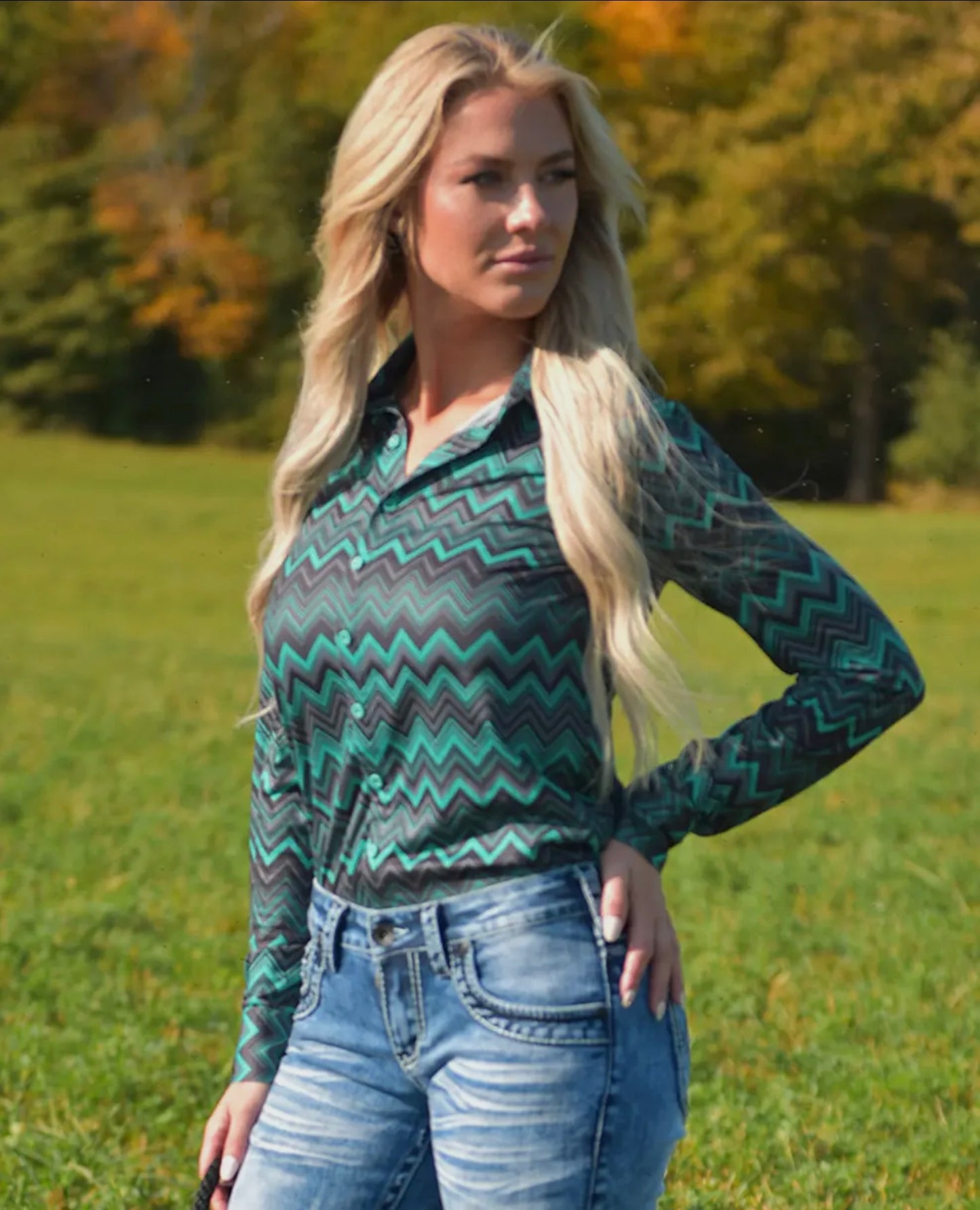 Pullover Chevron Print Stretch Jersey Button Up
