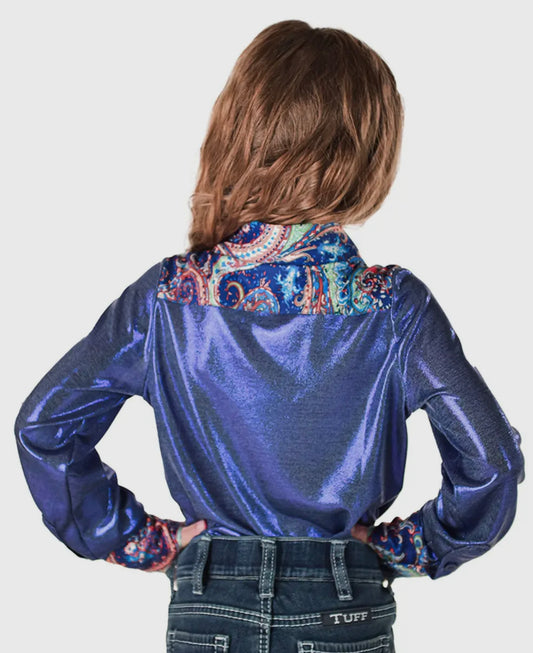 Girls blue metallic pullover button up with Paisley accents
