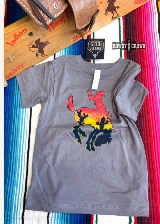 Grey Tee with sunset bronc kids Rowdy