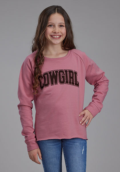 GIRLS NOVELTY/APPLIQUE/EMBROIDERY PRINTED KNIT DUSTY PINK FLEECE SWEATSHIRT