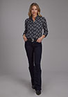 WOMENS L/S SHIRT PRINTED RELATED SEPERATE BLACK/CREAM IKAT PRT RAYON,