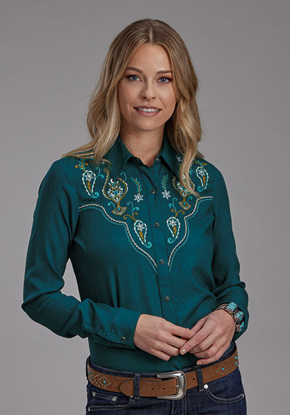 WOMENS L/S SHIRT EMBROIDERY/APPLIQUE/NOVELTY FABRIC RAYON CHALLIS SHIRT Roper