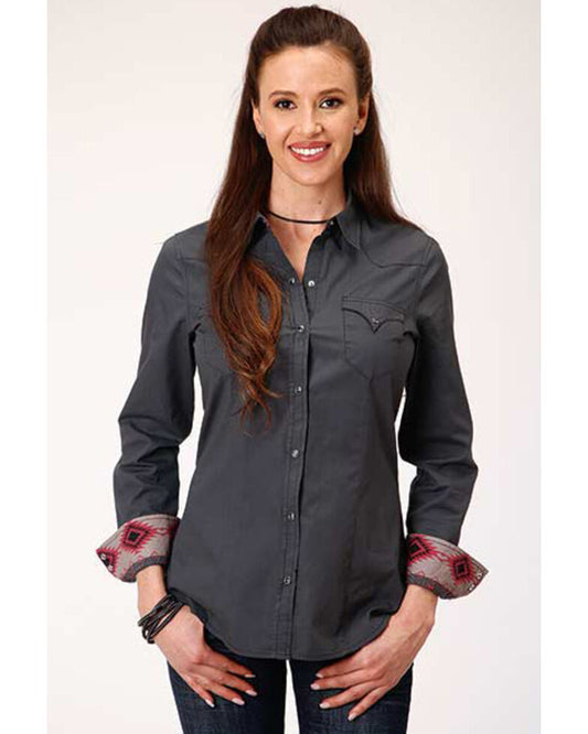 Roper Women's Grey Solid Southwestern Print Cuffs Western Shirt