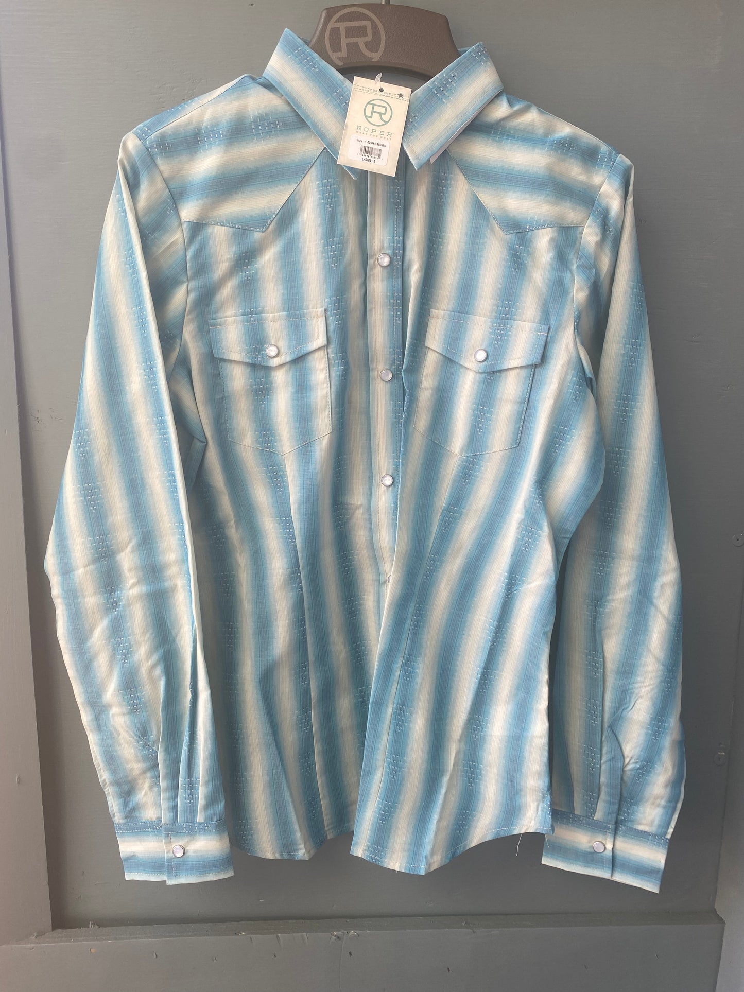 Roper Cotton Womans Western Shirt Snap Dyed Stripe Aqua & Cream