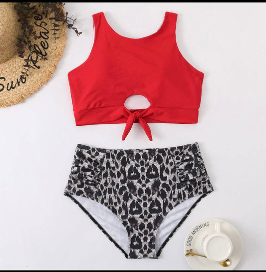 Woman’s High Rise Cheetah and Red Swimsuit