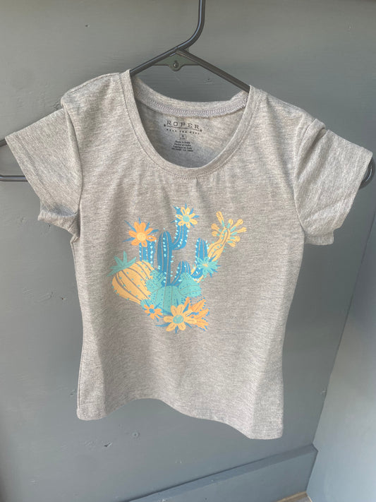 Roper Little Girls Heather Gray T Shirt w/ Blue & Yellow Cactus