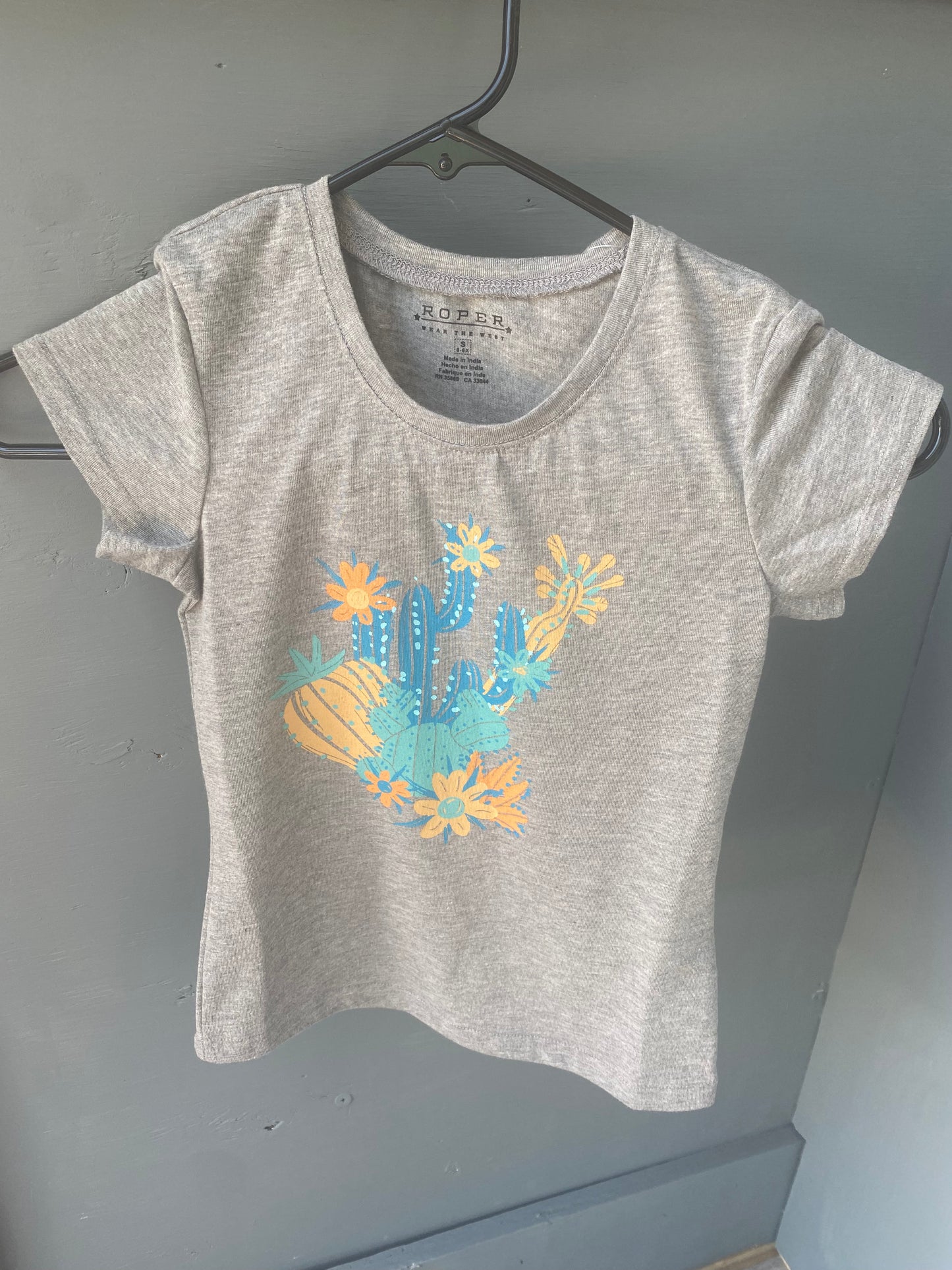 Roper Little Girls Heather Gray T Shirt w/ Blue & Yellow Cactus