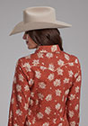 WOMENS L/S SHIRT   SNAP RETRO PIPED FANCY YOKE ORANGE & CREAM FLORAL PRINT