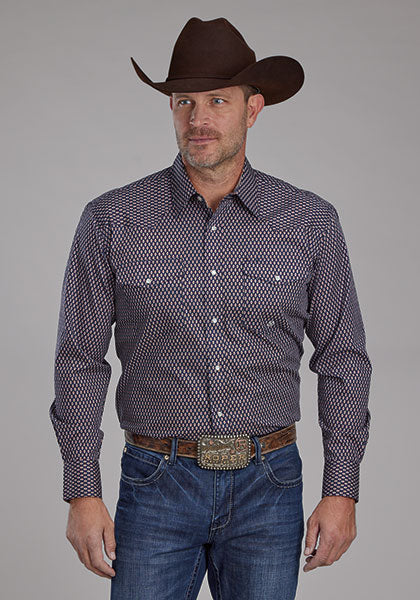 Mens long sleeve snap Roper blue with small red diamonds