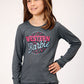 GIRLS NOVELTY/APPLIQUE/EMBROIDERY PRINTED KNIT HEATHER GREY P/R LS RUFFLE TEE,