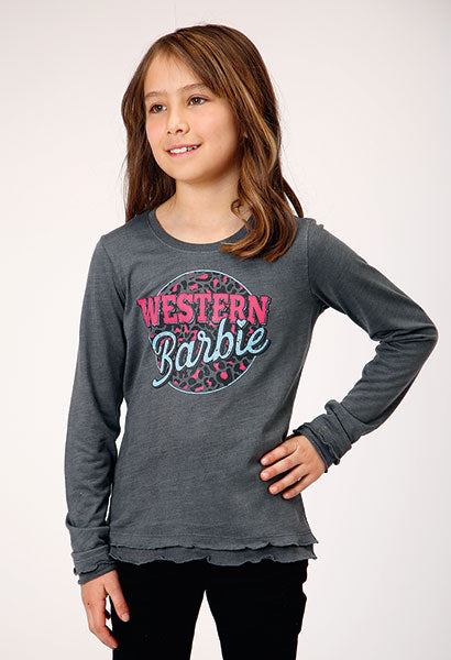 GIRLS NOVELTY/APPLIQUE/EMBROIDERY PRINTED KNIT HEATHER GREY P/R LS RUFFLE TEE,