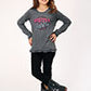 GIRLS NOVELTY/APPLIQUE/EMBROIDERY PRINTED KNIT HEATHER GREY P/R LS RUFFLE TEE,