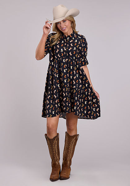 2703 Boot Print Rayon Babydoll Dress
