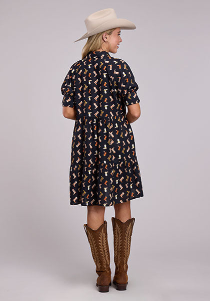 2703 Boot Print Rayon Babydoll Dress