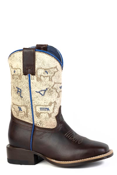 LITTLE KIDS FOOTWEAR SQUARE TOE 8"SHAFT OILY BROWN LEATHER VAMP CRACKLE CREAM LEATHER SHAFT