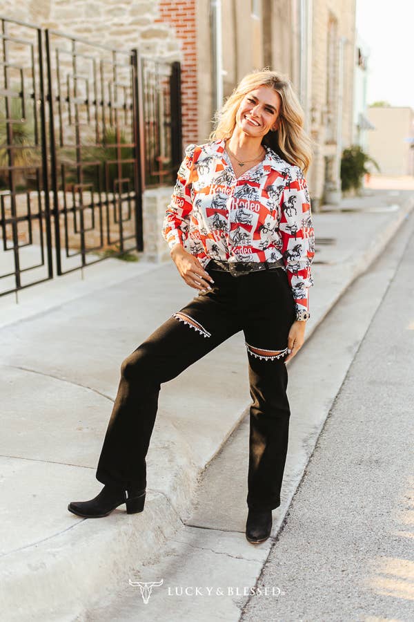Rodeo Chiffon Button Down Pearl Snap Collared Shirt