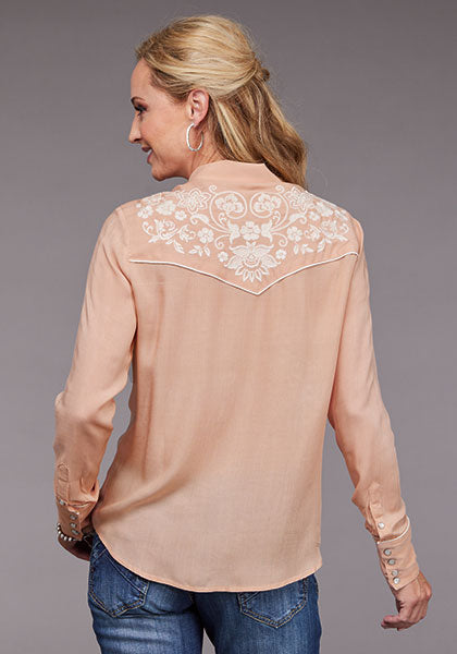 Womens Stetson long sleeve embroidered snap peach shirt