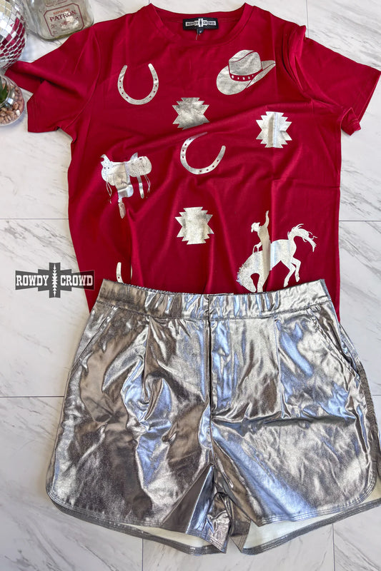Red Tee with Metallic western prints  womens Rowdy