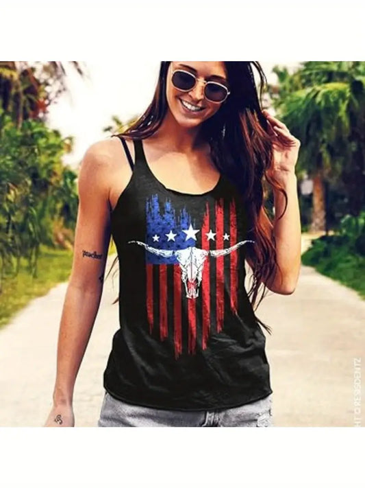 Black Cowgirl Patriotic American Flag and Cow Skull tank top