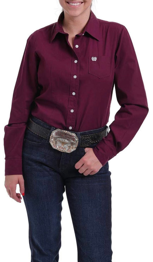 LONG SLEEVE BURGUNDY BUTTON SHIRT Cinch Womens Top