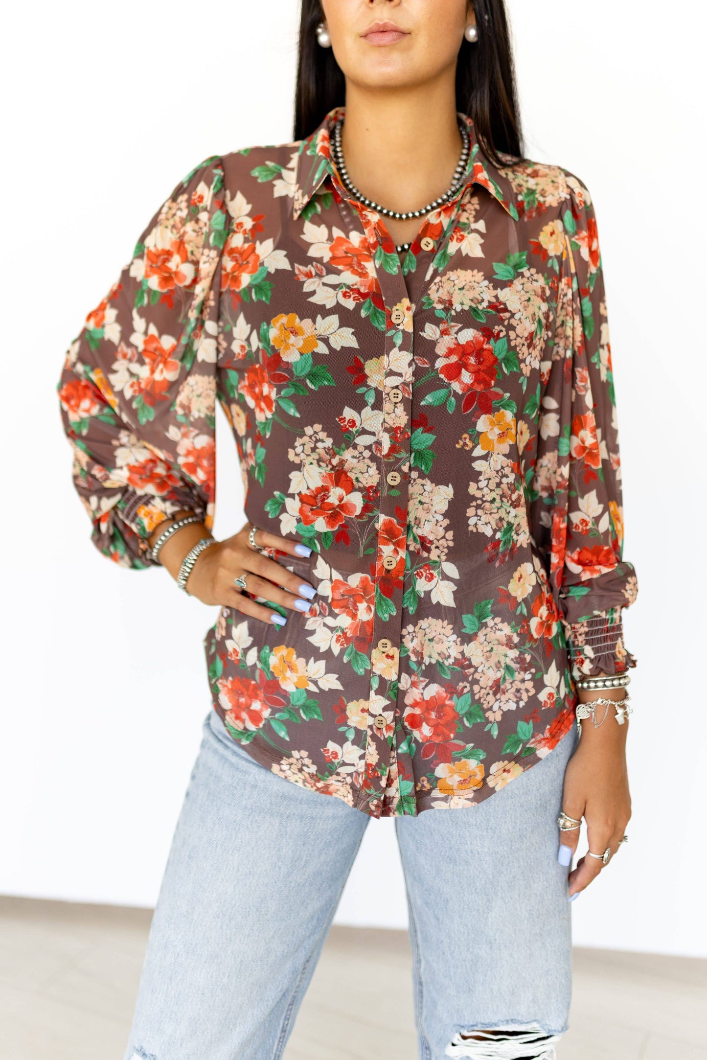 FALL FLORAL MESH BLOUSE
