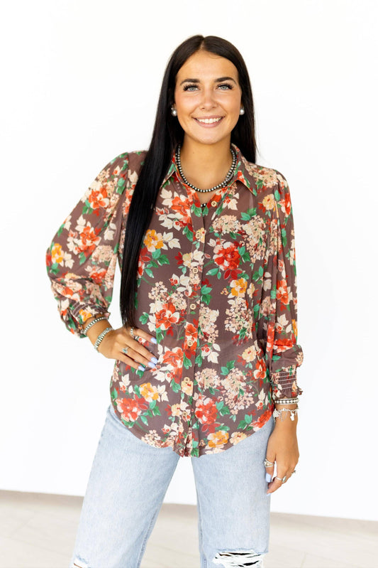 FALL FLORAL MESH BLOUSE