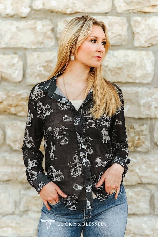 Black Western Desert Printed Chiffon Button Down Shirt