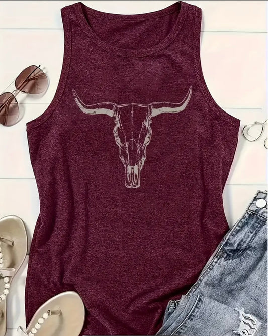 Womens Burgundy Top STEER SKULL ROUND NECK TANK TOP